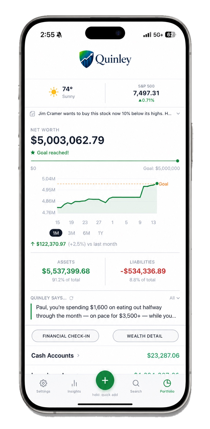 Quinley app showing net worth dashboard